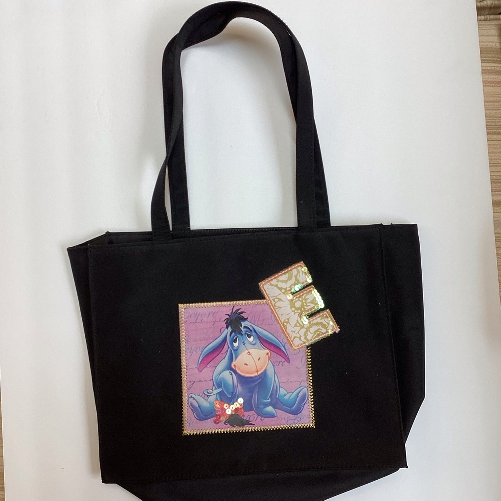 Multipocket Black Cloth Embroidered Pink Patch Eeyore Sequin E Tote Bag‎ Purse